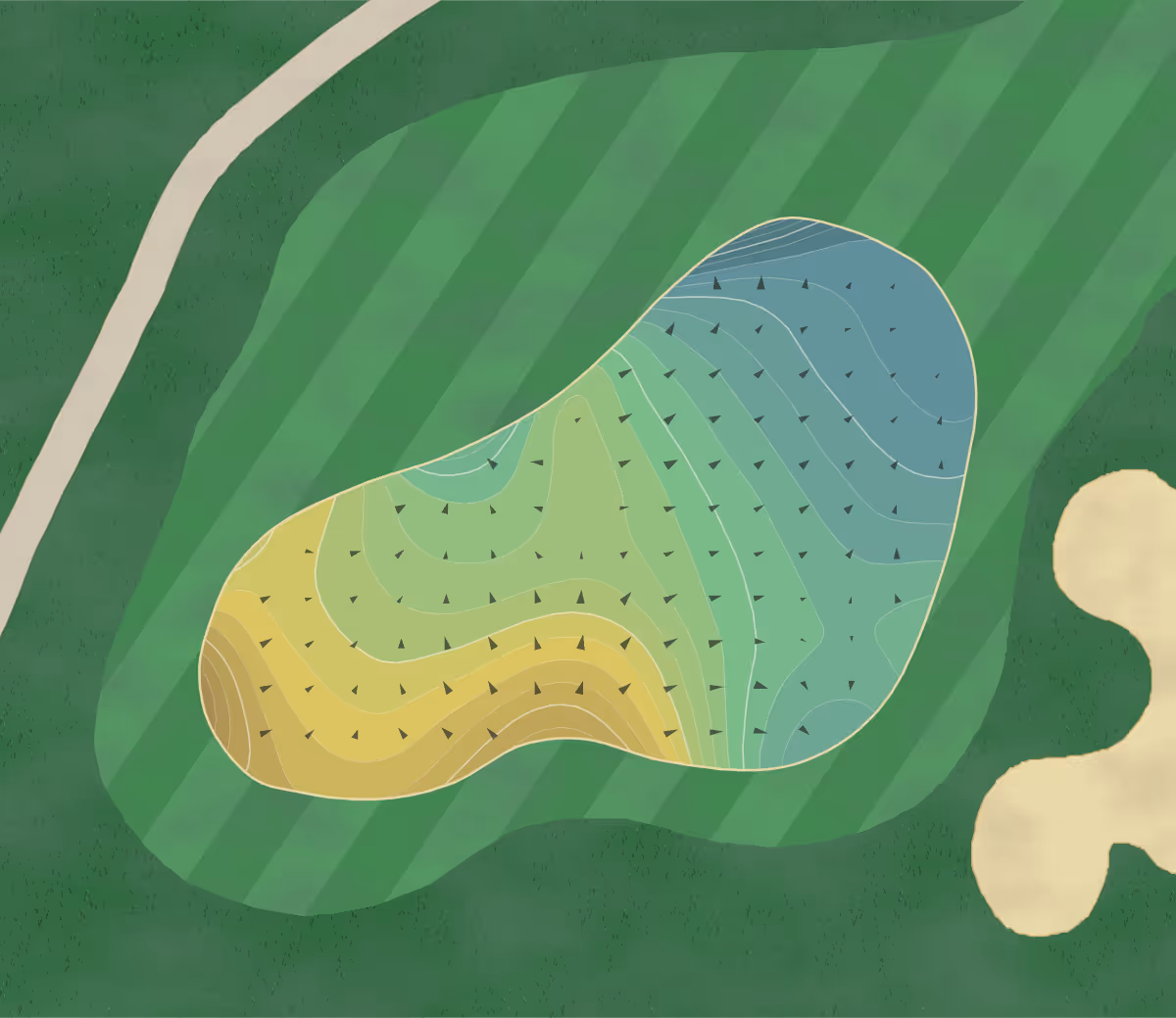 Green contour map of Diamante CC in Hot Springs Village, Arkansas — 299 elevation contours at a 3-inch interval with fall-line arrows, traced from 1-meter lidar