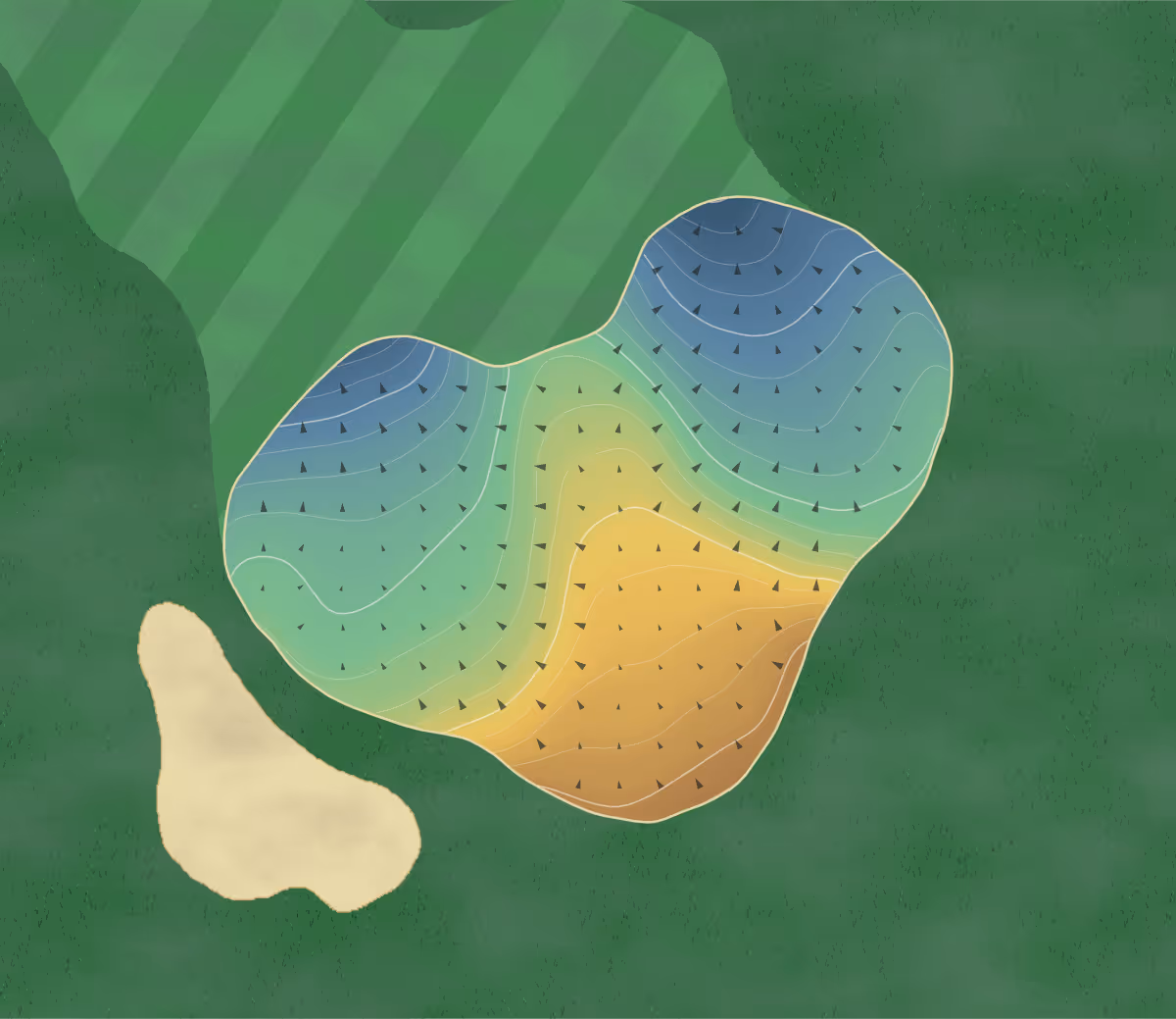 Green contour map of Diamondback in Aurora, Canada — 206 elevation contours at a 8-centimeter interval with fall-line arrows, traced from 1-meter lidar