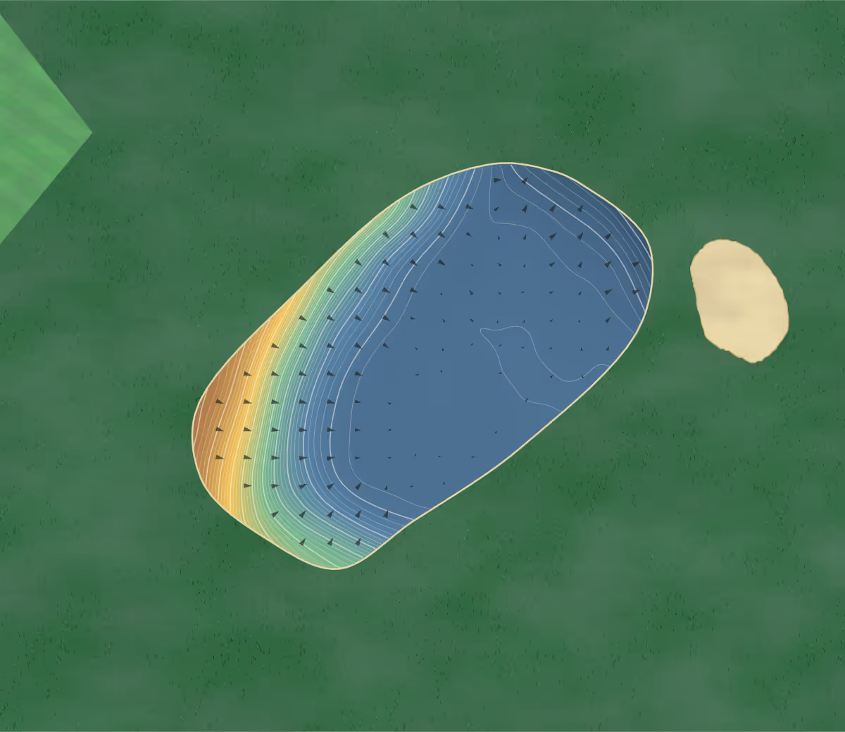 Green contour map of Didsbury in Manchester, England — 186 elevation contours at a 8-centimeter interval with fall-line arrows, traced from 1-meter lidar