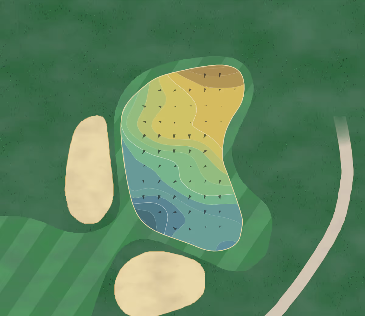 Green contour map of Dinah Shore Course in Rancho Mirage, California — 39 elevation contours at a 3-inch interval with fall-line arrows, traced from 1-meter lidar