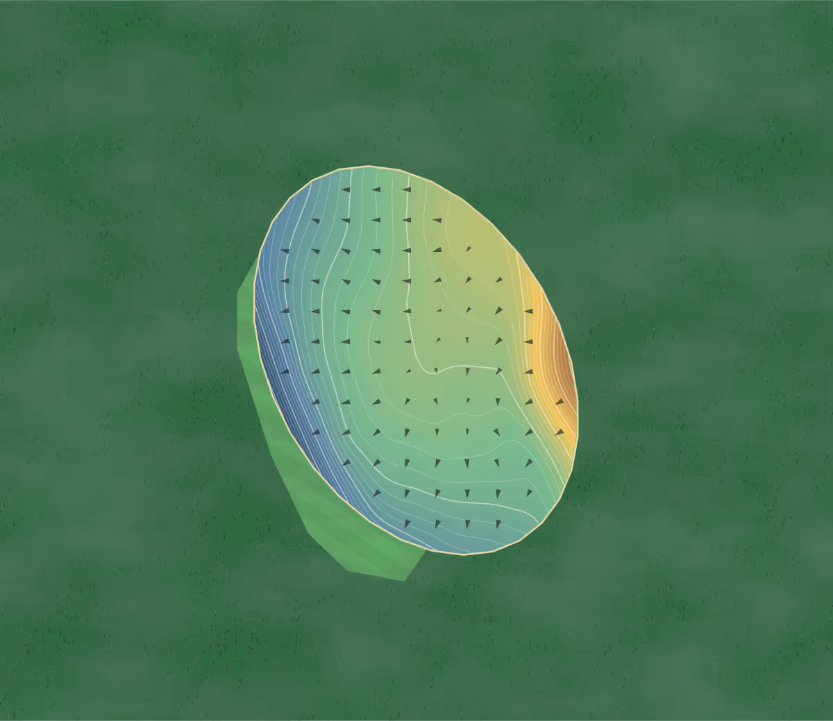 Green contour map of Dinnaton Golf Club in Ivybridge, United Kingdom: 106 elevation contours at a 8-centimeter interval with fall-line arrows, traced from 1-meter lidar