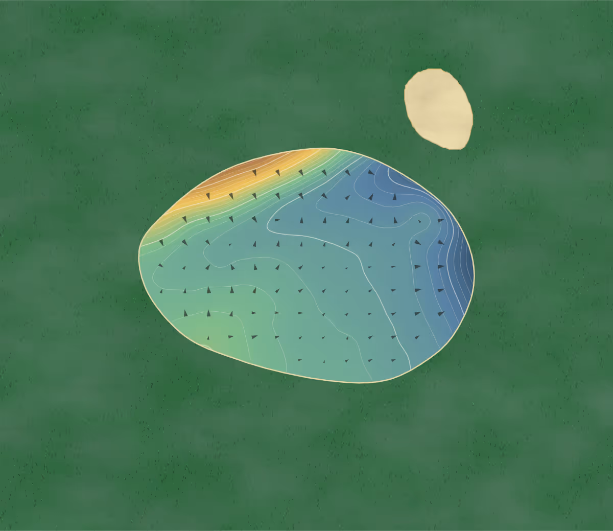 Green contour map of Dinsdale in Darlington, England: 127 elevation contours at a 8-centimeter interval with fall-line arrows, traced from 1-meter lidar
