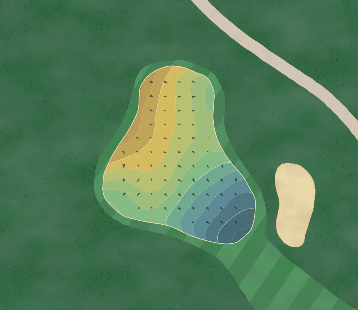 Green contour map of Dodge Riverside in Council Bluffs, Iowa — 165 elevation contours at a 3-inch interval with fall-line arrows, traced from 1-meter lidar
