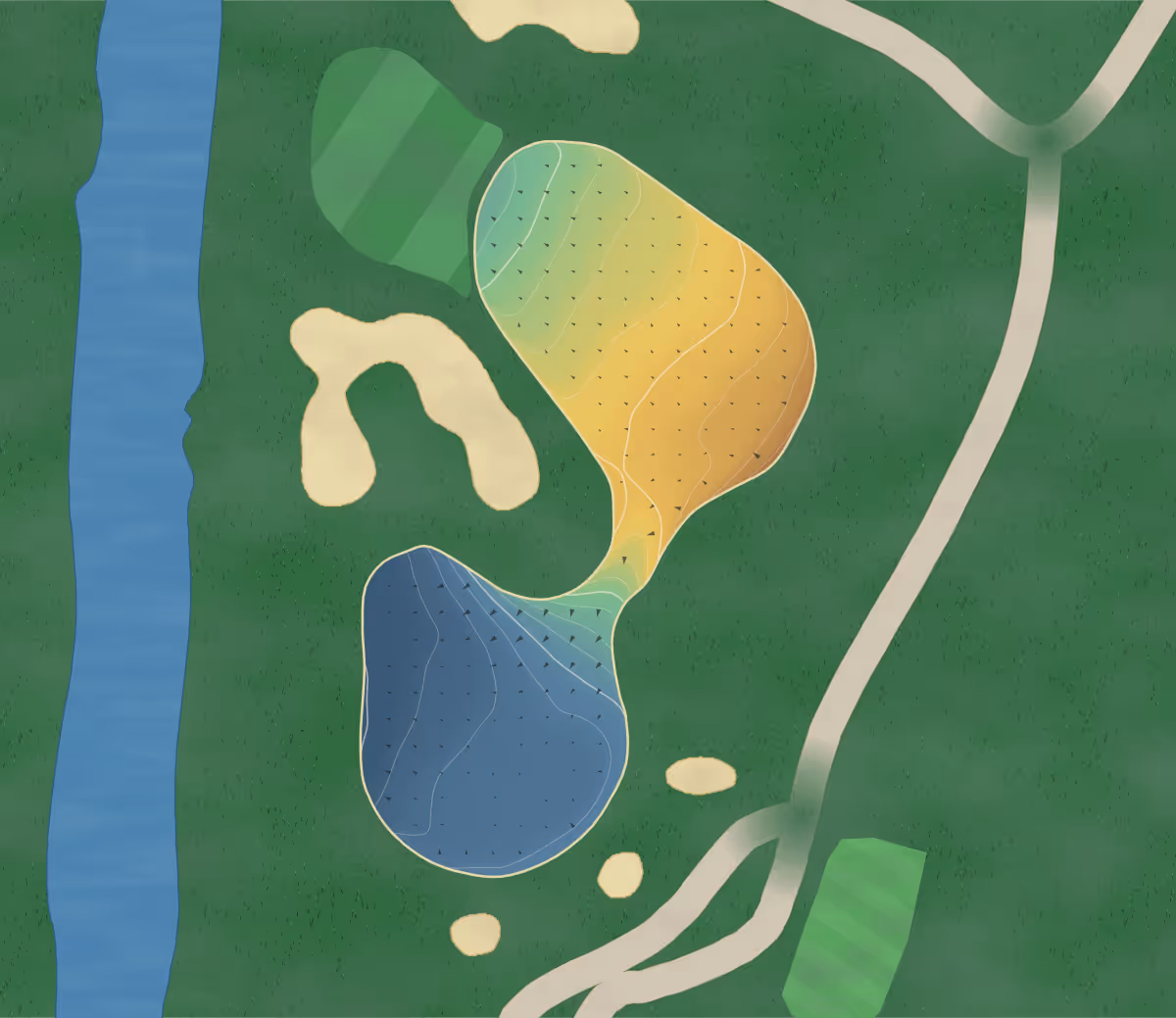 Green contour map of Don Valley in Toronto, Canada — 180 elevation contours at a 8-centimeter interval with fall-line arrows, traced from 1-meter lidar