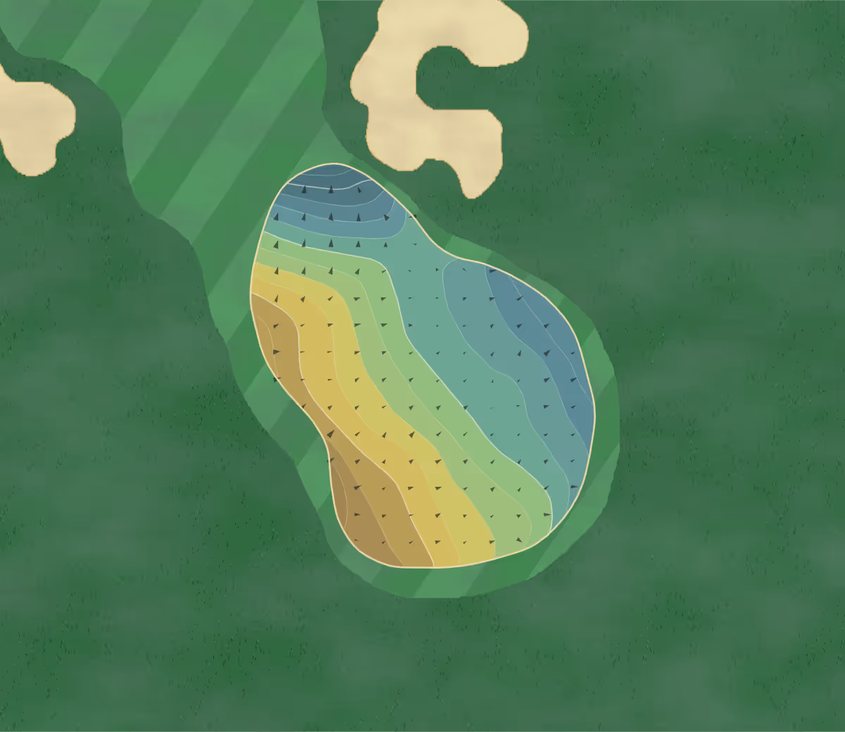 Green contour map of Donaghadee in Donaghadee, Northern Ireland — 45 elevation contours at a 8-centimeter interval with fall-line arrows, traced from 1-meter lidar