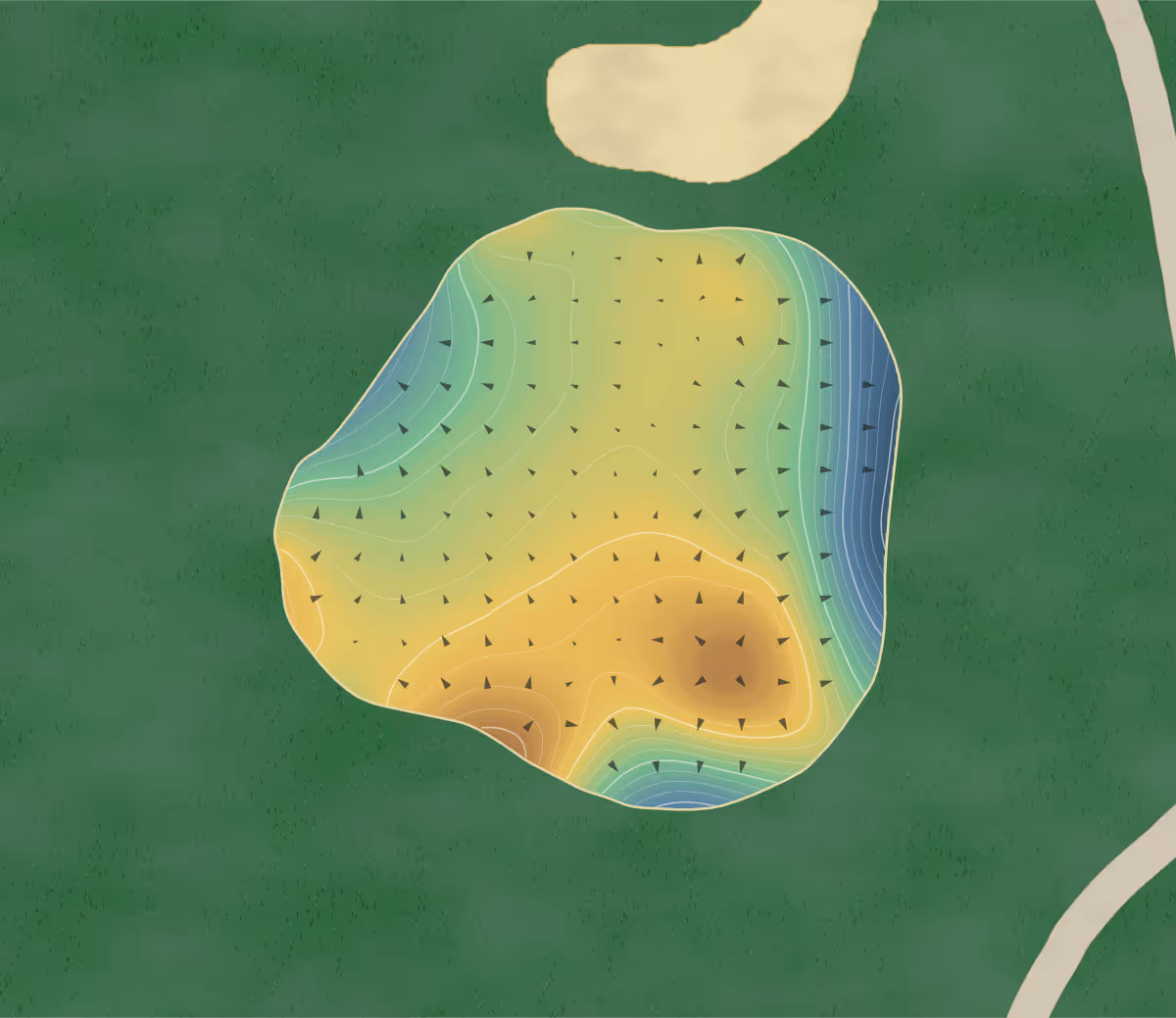 Green contour map of Donalda in Don Mills, Canada — 215 elevation contours at a 8-centimeter interval with fall-line arrows, traced from 1-meter lidar