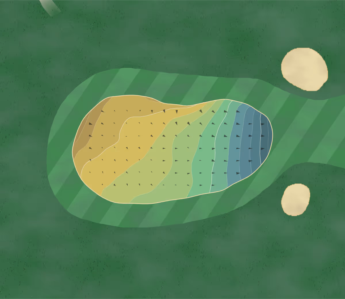 Green contour map of Doncaster GC in Doncaster, England — 185 elevation contours at a 8-centimeter interval with fall-line arrows, traced from 1-meter lidar
