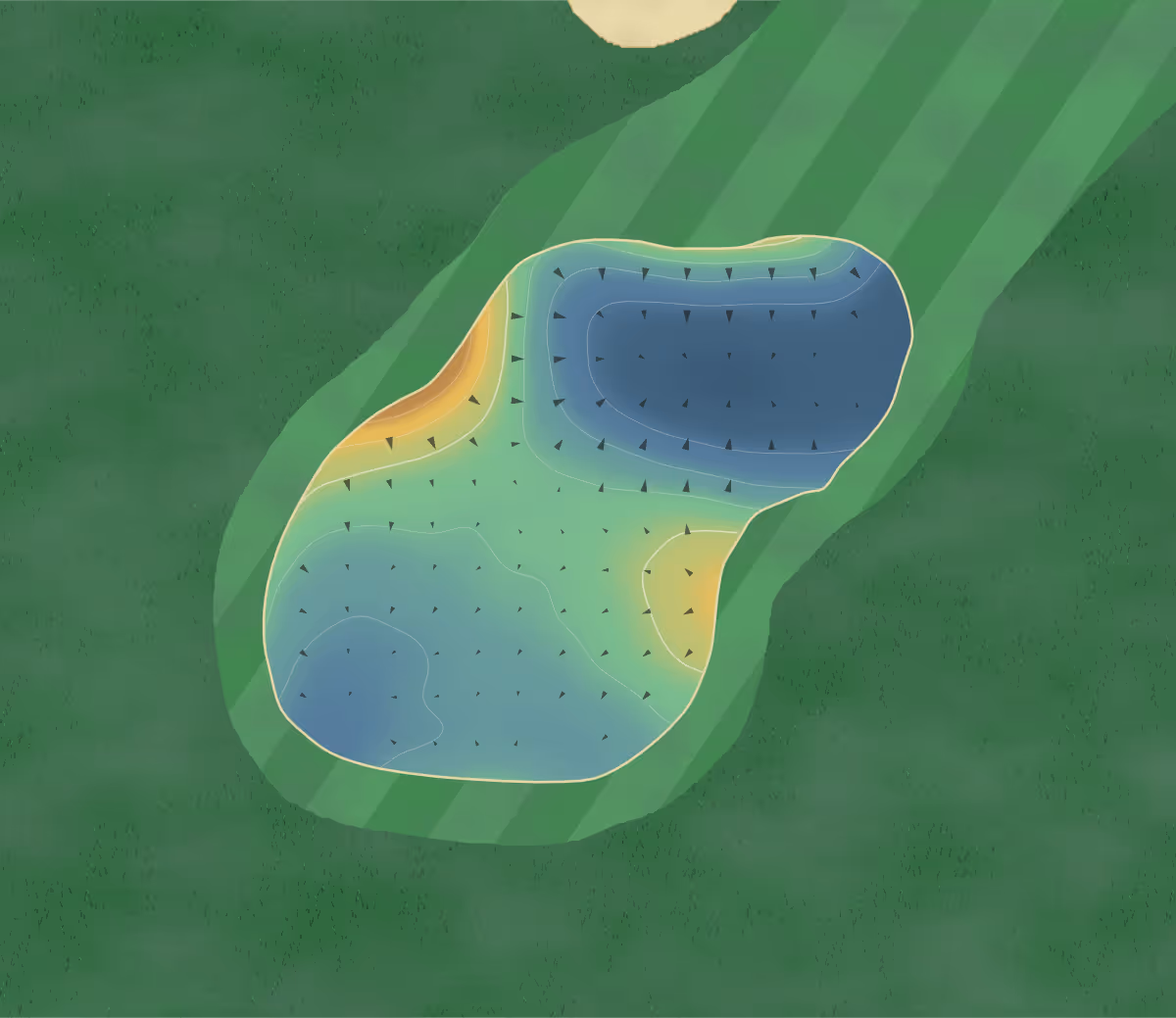 Green contour map of Donnington Grove in Newbury, England: 66 elevation contours at a 8-centimeter interval with fall-line arrows, traced from 1-meter lidar
