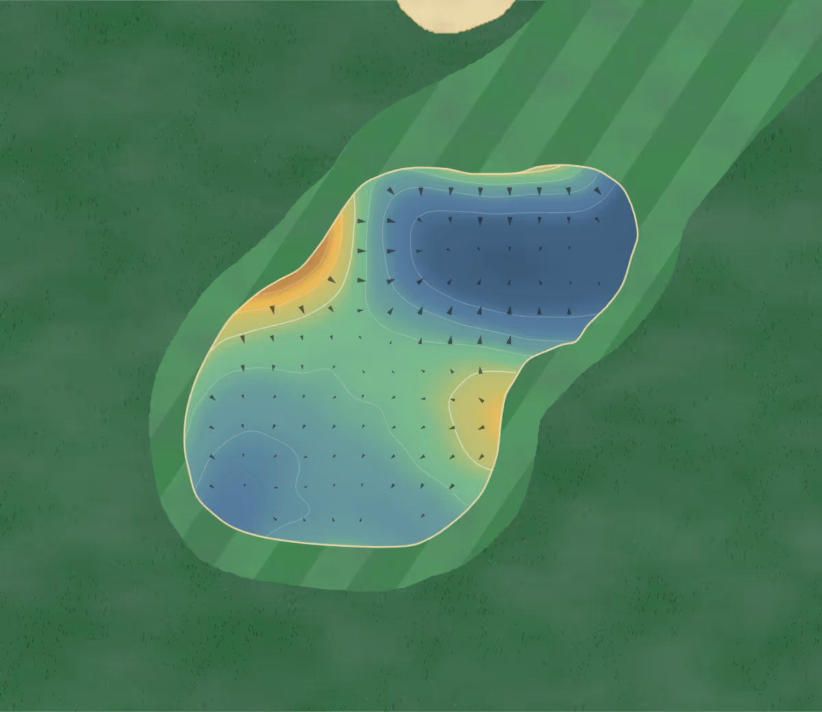 Green contour map of Donnington Grove in Newbury, Berkshire, England — 66 elevation contours at a 8-centimeter interval with fall-line arrows, traced from 1-meter lidar