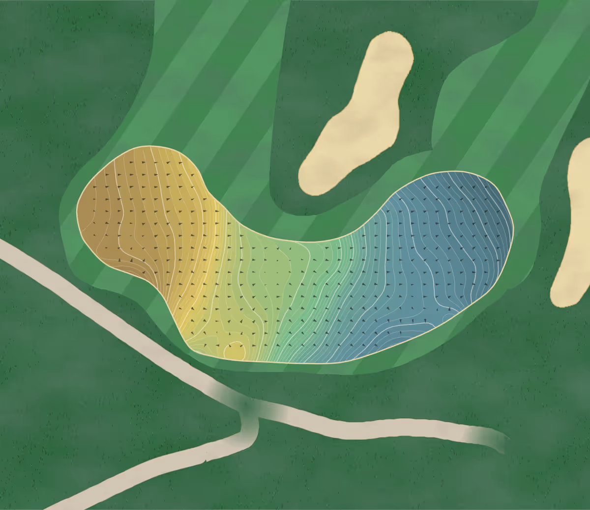 Green contour map of Donnington Valley in Berkshire, England — 293 elevation contours at a 8-centimeter interval with fall-line arrows, traced from 1-meter lidar