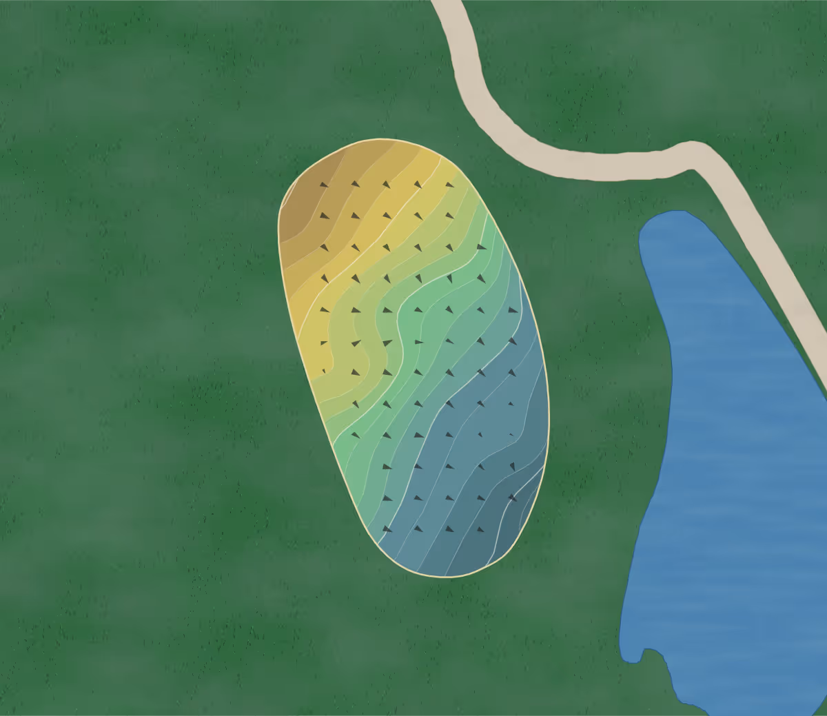 Green contour map of Dorchester Golf Club in Fairfield Glade, Tennessee — 212 elevation contours at a 3-inch interval with fall-line arrows, traced from 1-meter lidar