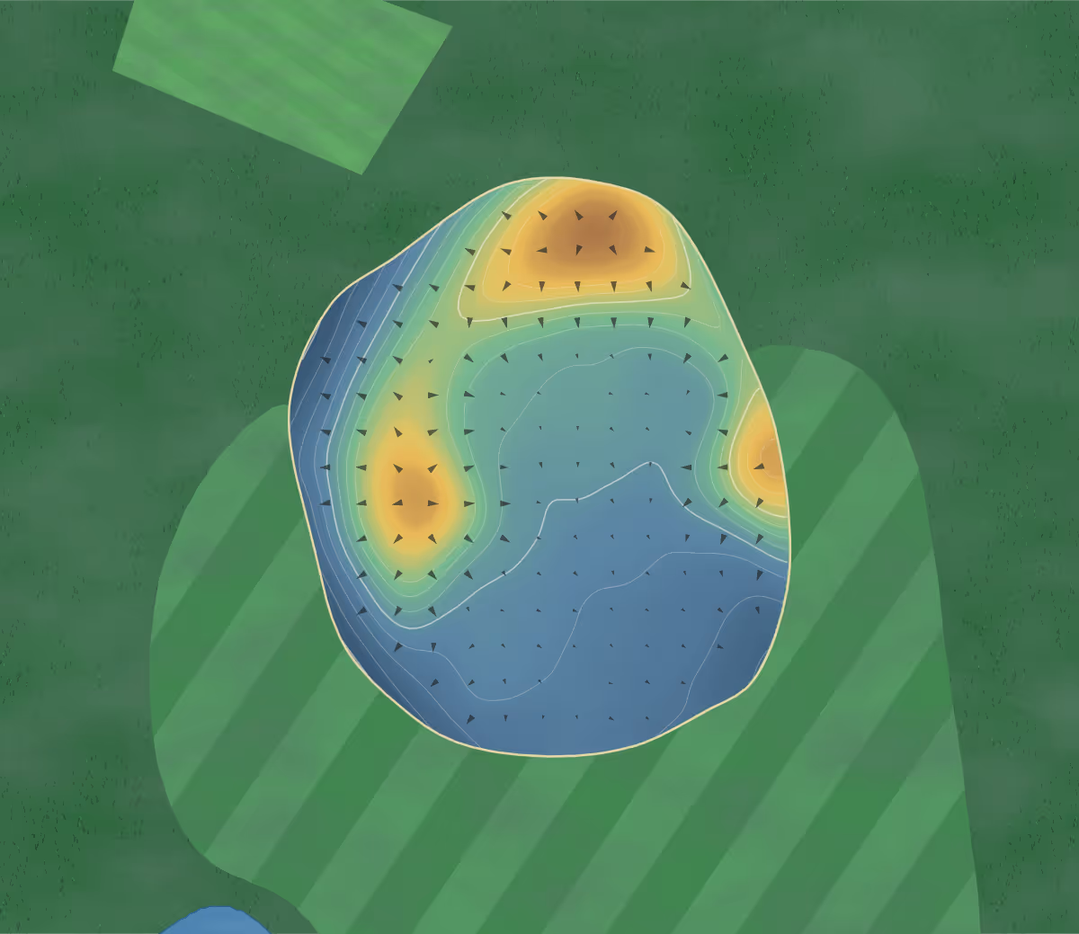 Green contour map of Dorchester Golf & Country Club in Dorchester, Canada — 118 elevation contours at a 8-centimeter interval with fall-line arrows, traced from 1-meter lidar