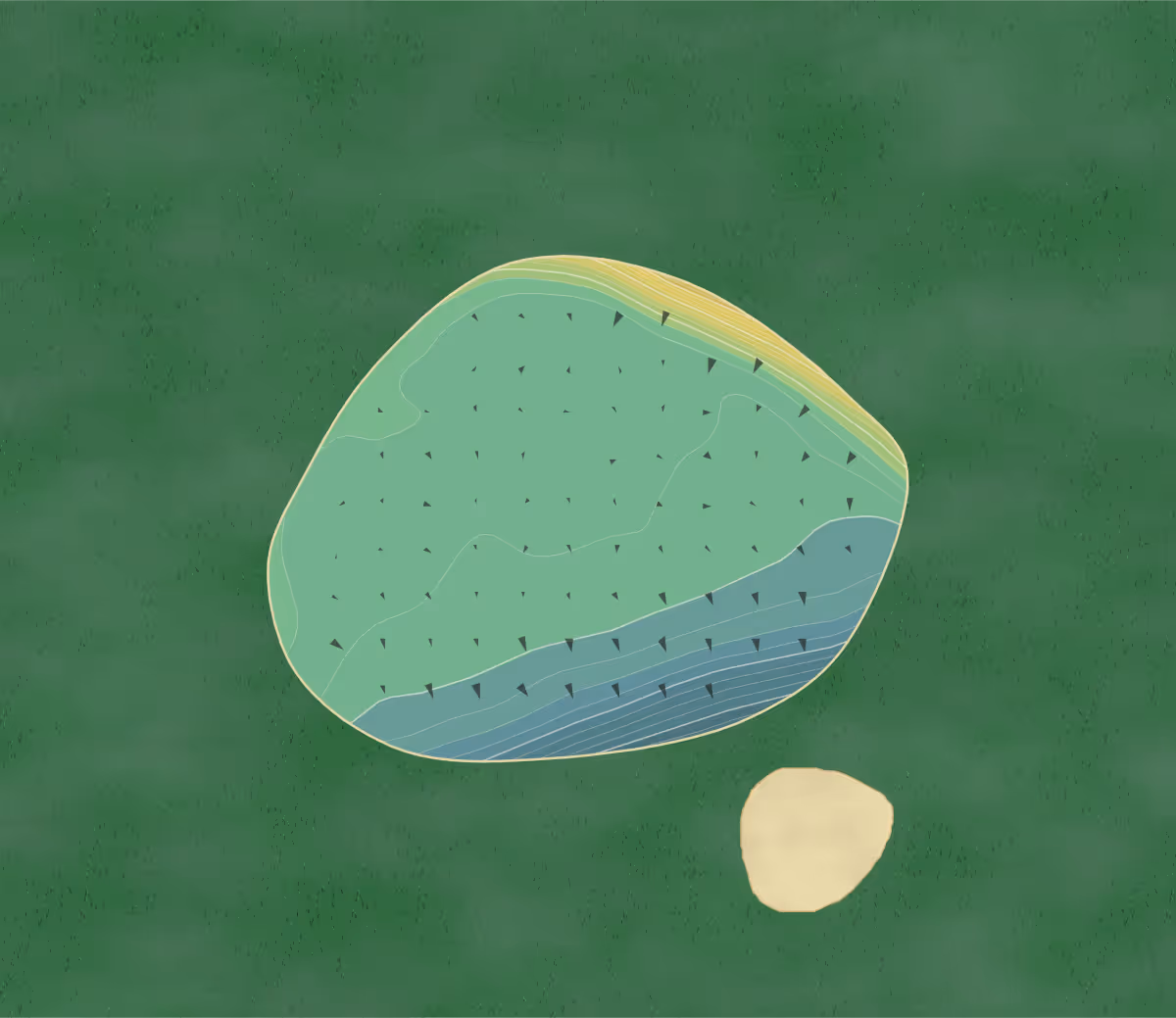 Green contour map of Dorking GC in Dorking, England — 153 elevation contours at a 8-centimeter interval with fall-line arrows, traced from 1-meter lidar
