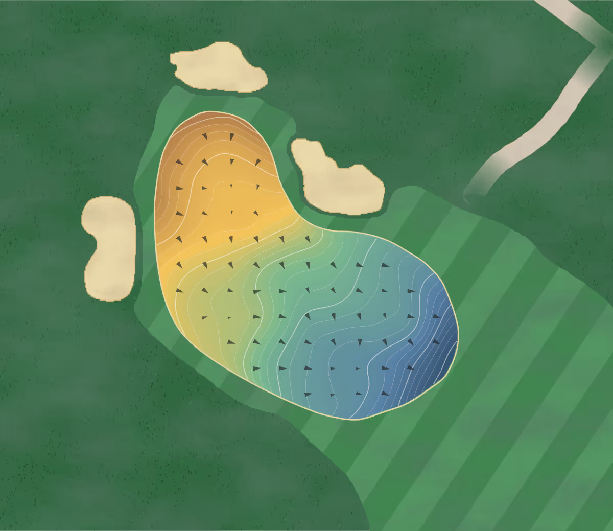 Green contour map of Dormie Club in West End, North Carolina — 290 elevation contours at a 3-inch interval with fall-line arrows, traced from 1-meter lidar