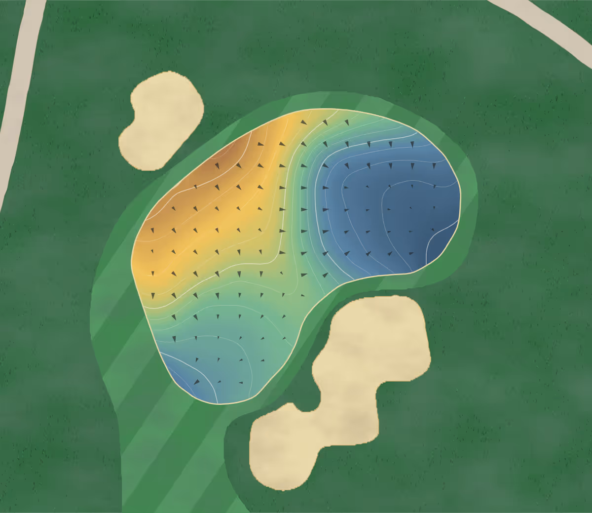 Green contour map of Dorval in Dorval, Canada — 159 elevation contours at a 8-centimeter interval with fall-line arrows, traced from 1-meter lidar