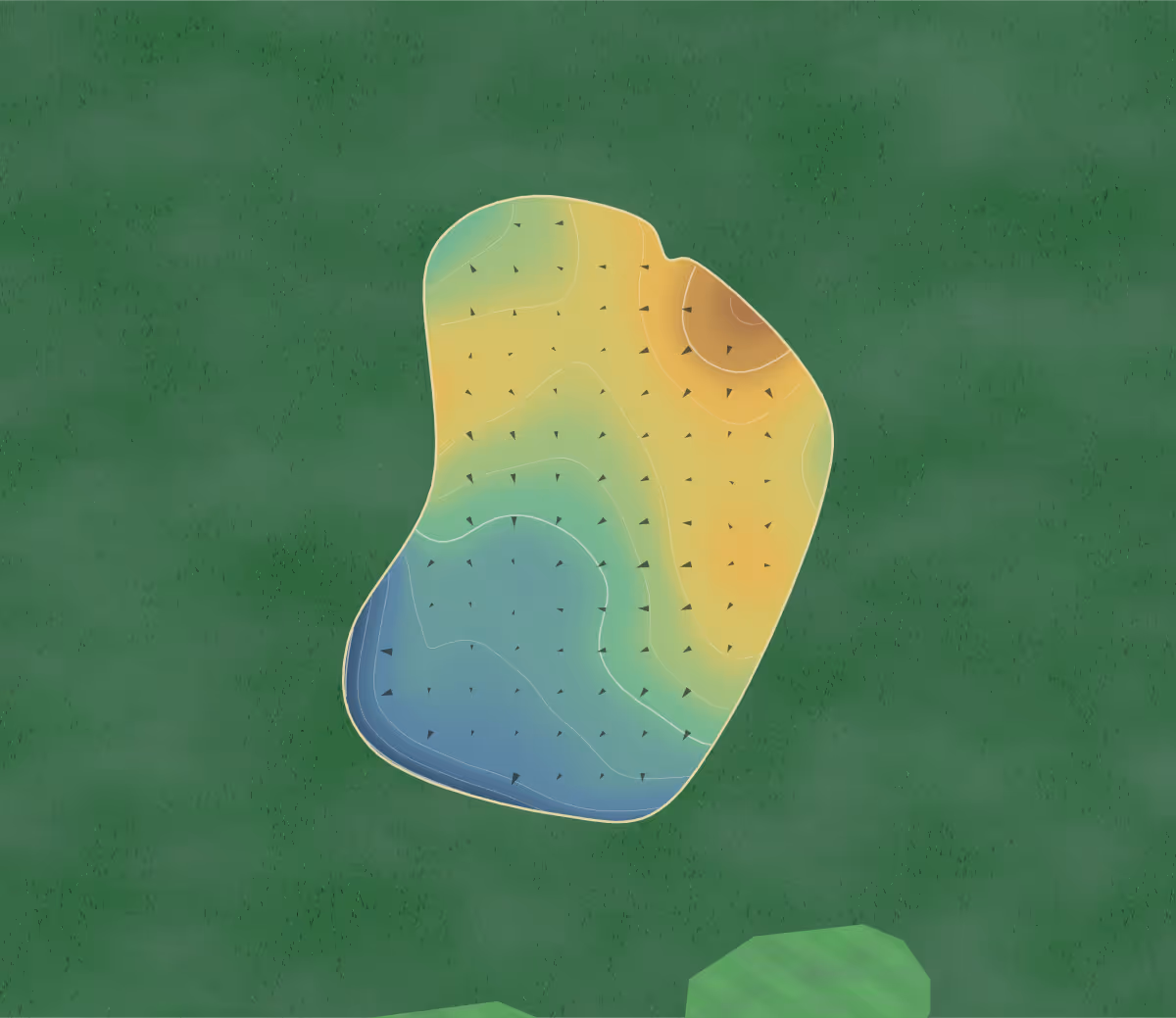 Green contour map of Dos Rios in Gunnison, Colorado — 94 elevation contours at a 3-inch interval with fall-line arrows, traced from 1-meter lidar