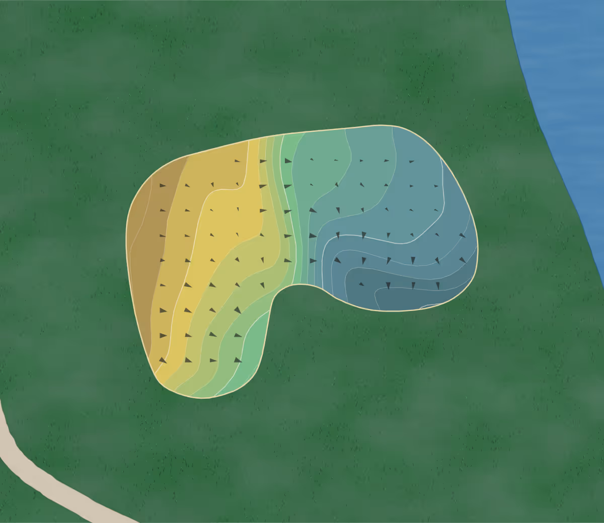 Green contour map of Double Eagle Golf and Grille Gold in Eagle Bend, Minnesota — 103 elevation contours at a 3-inch interval with fall-line arrows, traced from 1-meter lidar