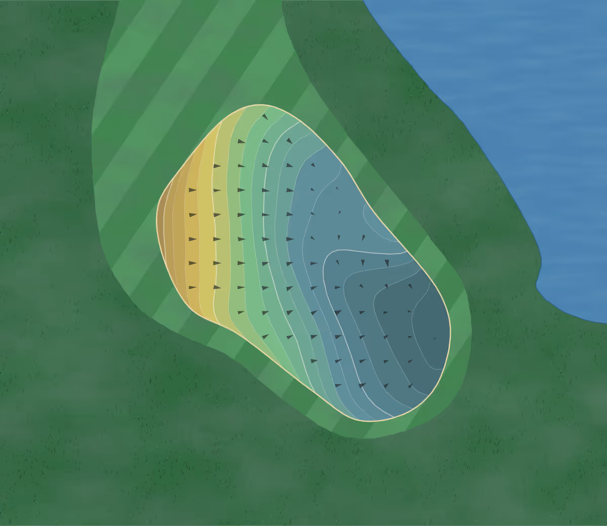 Green contour map of Double Oaks in Commerce, Georgia — 203 elevation contours at a 3-inch interval with fall-line arrows, traced from 1-meter lidar