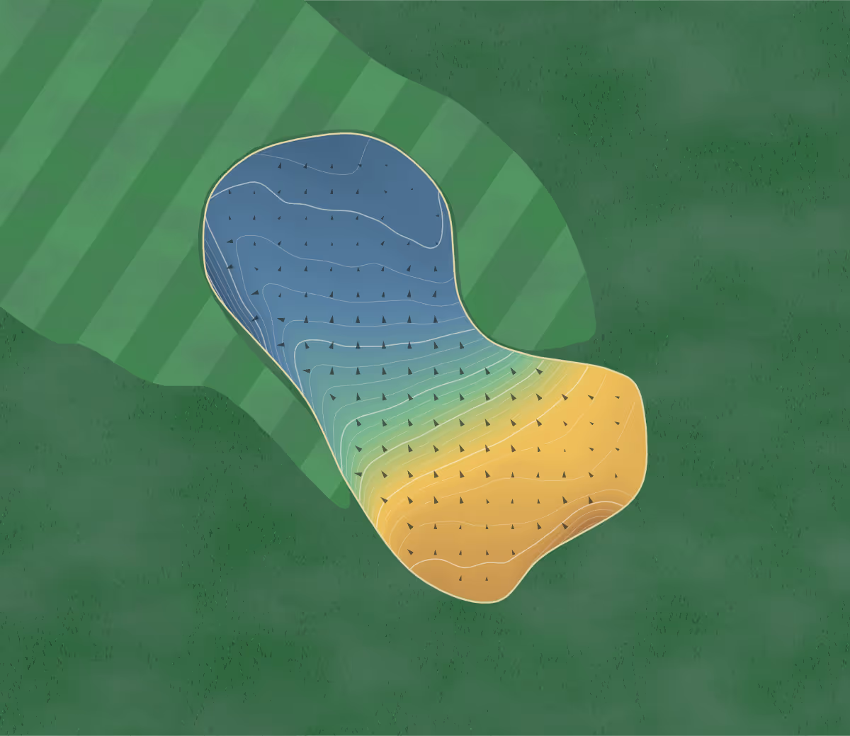 Green contour map of Dragonfly in Renfrew, Canada — 193 elevation contours at a 8-centimeter interval with fall-line arrows, traced from 1-meter lidar
