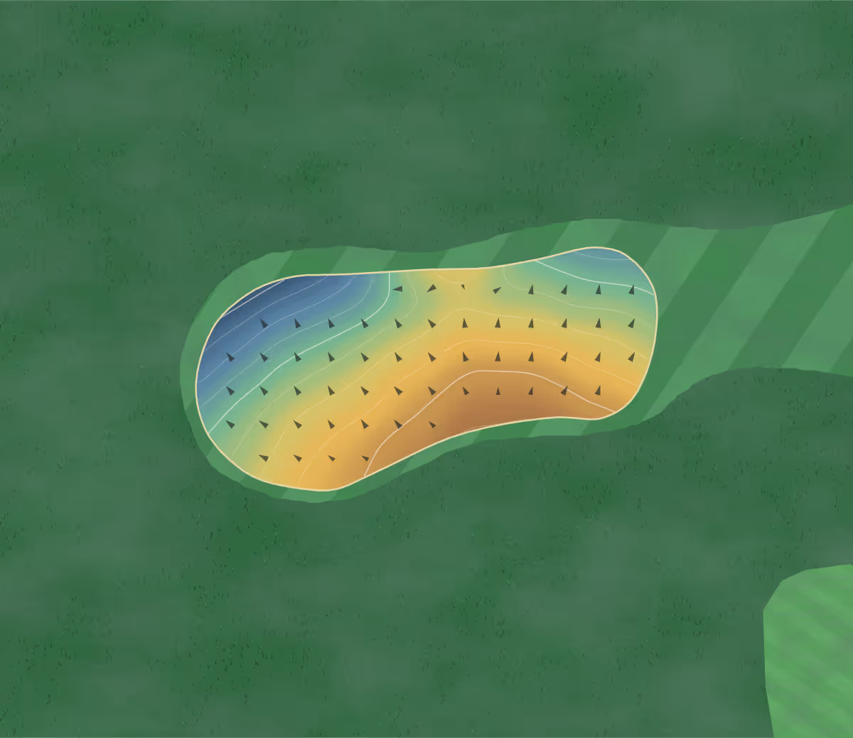 Green contour map of Drax Golf Club in Selby, England: 99 elevation contours at a 8-centimeter interval with fall-line arrows, traced from 1-meter lidar