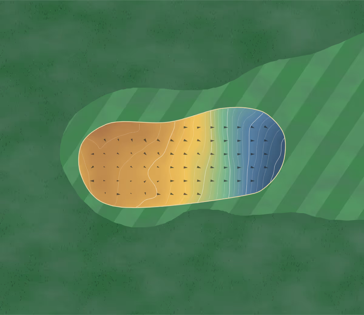 Green contour map of Dreamcatcher in Marlboro, Canada: 73 elevation contours at a 8-centimeter interval with fall-line arrows, traced from 1-meter lidar