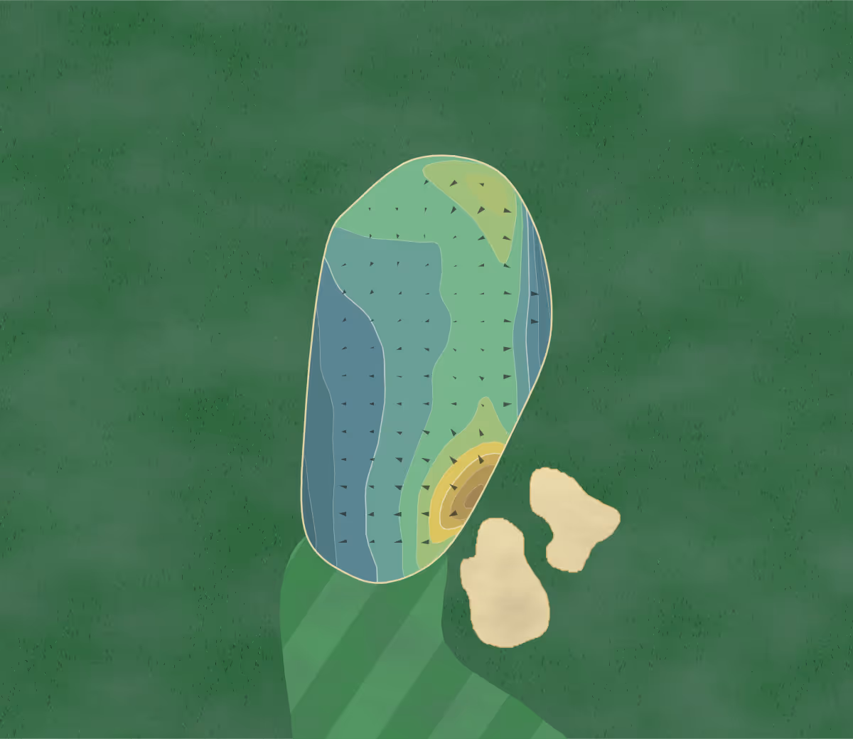 Green contour map of Drift GC in East Horsley, England — 205 elevation contours at a 8-centimeter interval with fall-line arrows, traced from 1-meter lidar