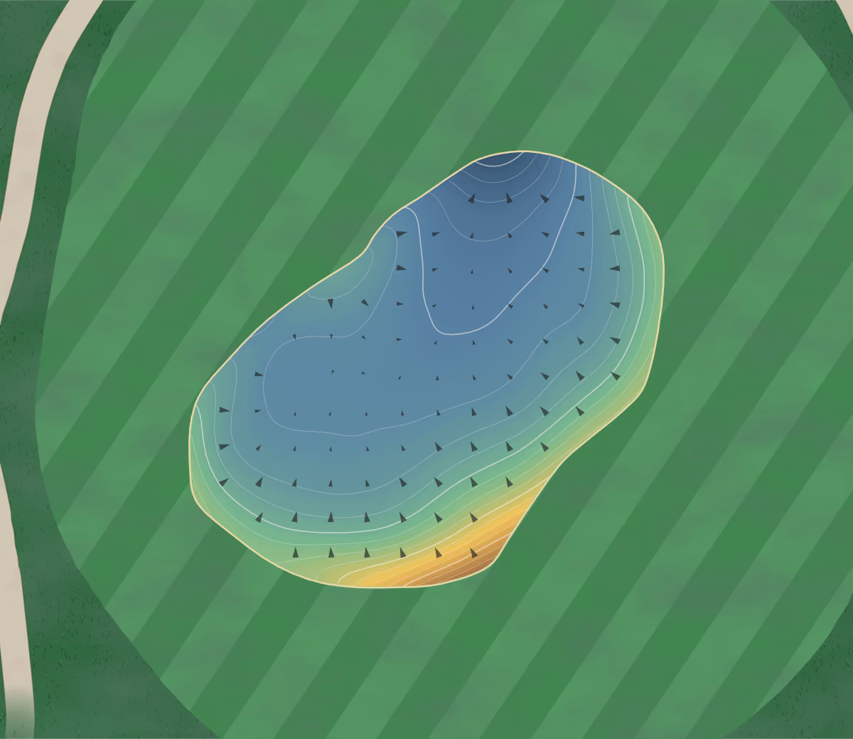 Green contour map of Druid Hills in Atlanta, Georgia: 169 elevation contours at a 3-inch interval with fall-line arrows, traced from 1-meter lidar