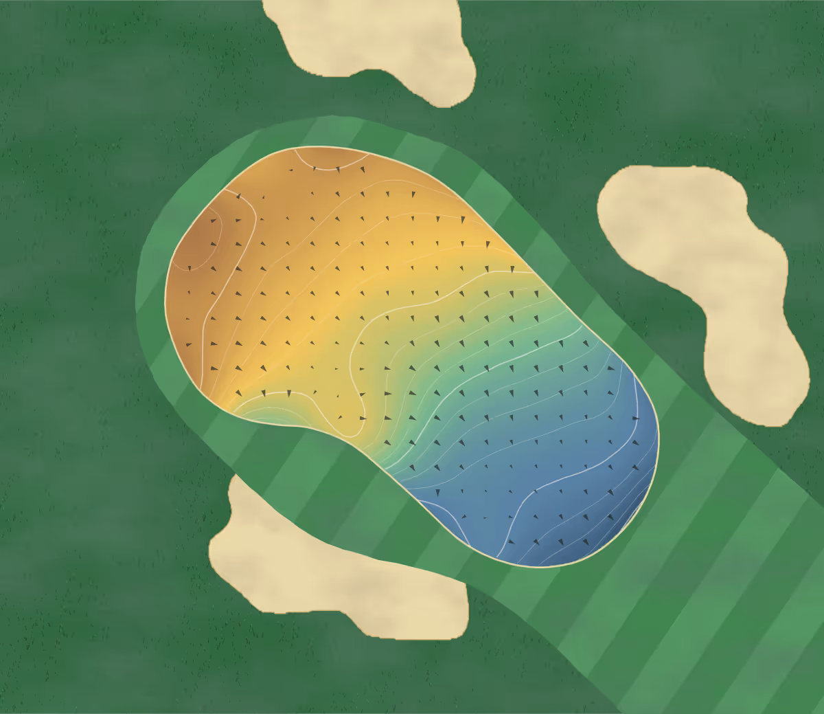 Green contour map of Druids Glen in Greystones, Ireland: 213 elevation contours at a 8-centimeter interval with fall-line arrows, traced from 1-meter lidar