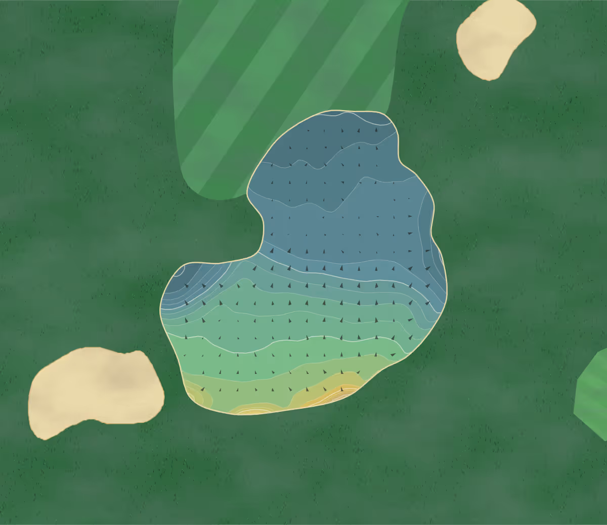 Green contour map of Drumoig in Leuchars, Scotland — 169 elevation contours at a 8-centimeter interval with fall-line arrows, traced from 1-meter lidar
