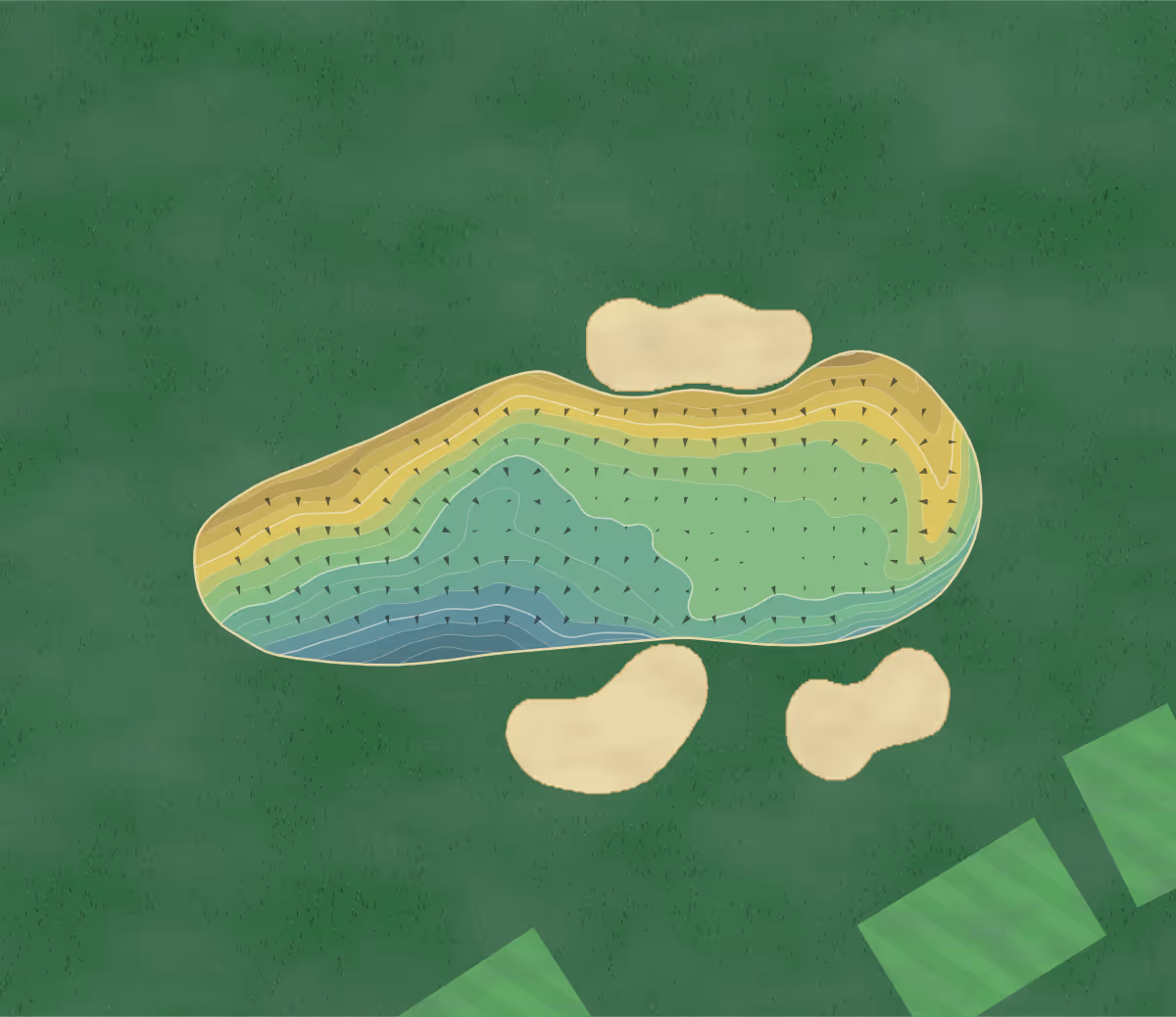 Green contour map of Drumpellier in Coatbridge, Scotland — 186 elevation contours at a 8-centimeter interval with fall-line arrows, traced from 1-meter lidar