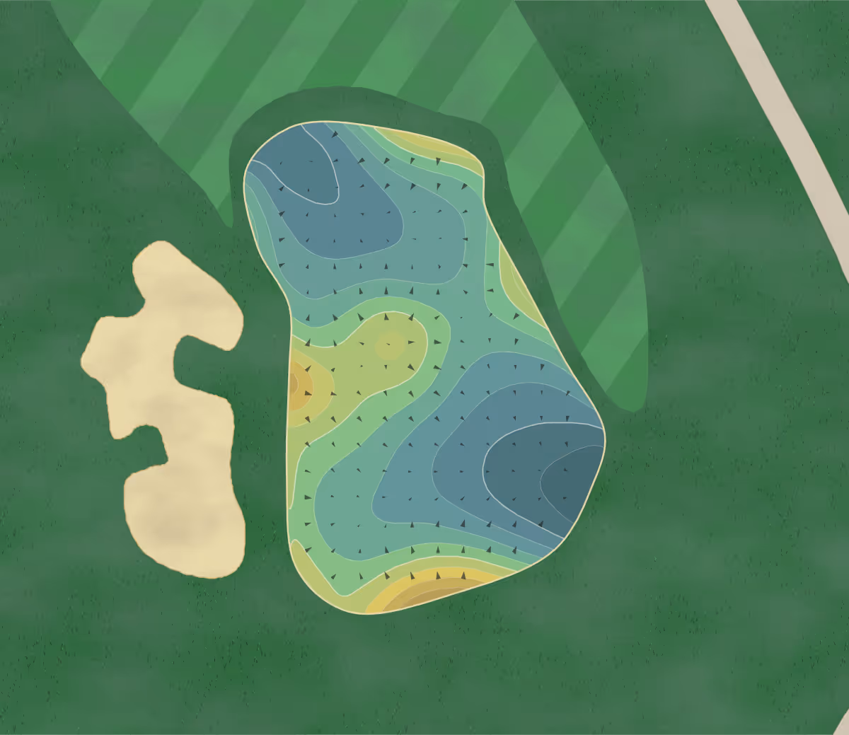 Green contour map of Dublin Ranch in Dublin, California — 194 elevation contours at a 3-inch interval with fall-line arrows, traced from 1-meter lidar