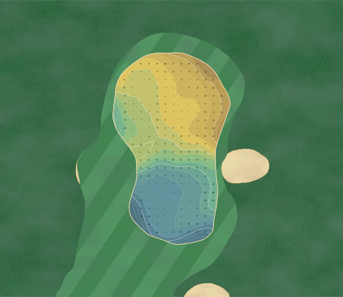 Green contour map of Dumbarnie Links in Fife, Scotland — 285 elevation contours at a 8-centimeter interval with fall-line arrows, traced from 1-meter lidar