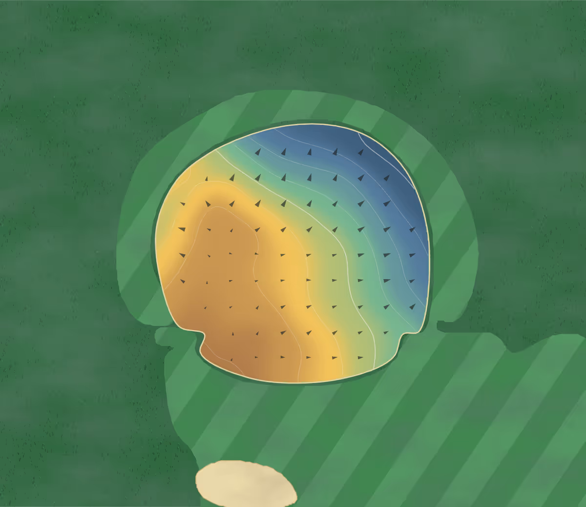 Green contour map of Dunadel in Horning's Mills, Canada: 37 elevation contours at a 8-centimeter interval with fall-line arrows, traced from 1-meter lidar