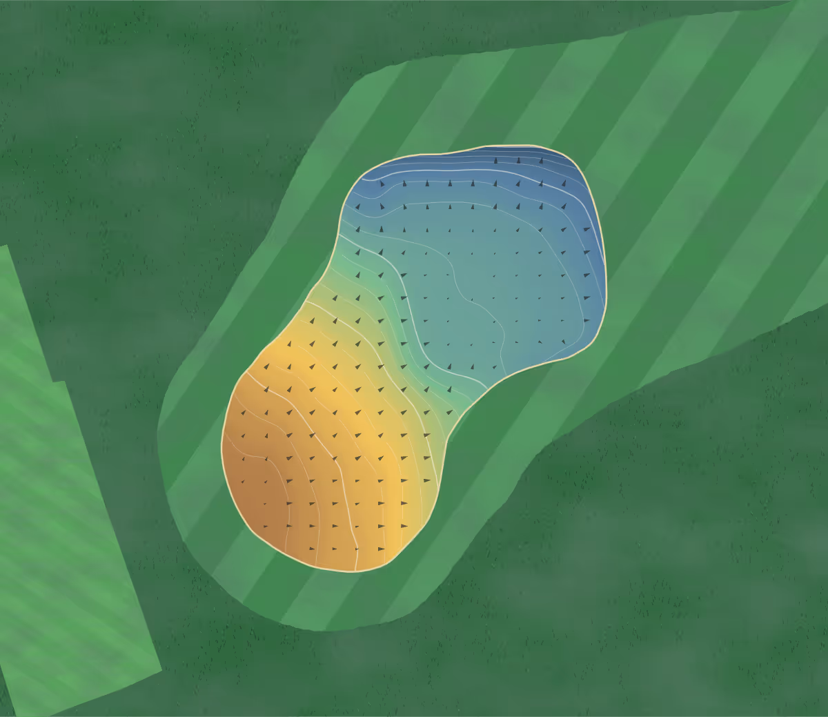Green contour map of Dundas Parks in South Queensferry, United Kingdom — 109 elevation contours at a 8-centimeter interval with fall-line arrows, traced from 1-meter lidar