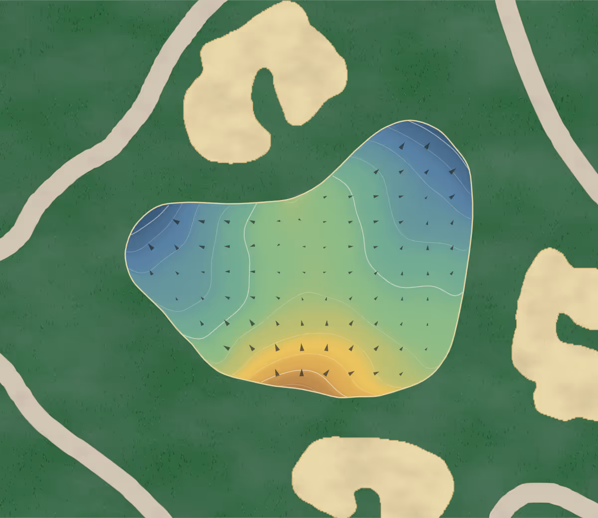 Green contour map of Dundas Valley in Dundas, Canada — 200 elevation contours at a 8-centimeter interval with fall-line arrows, traced from 1-meter lidar