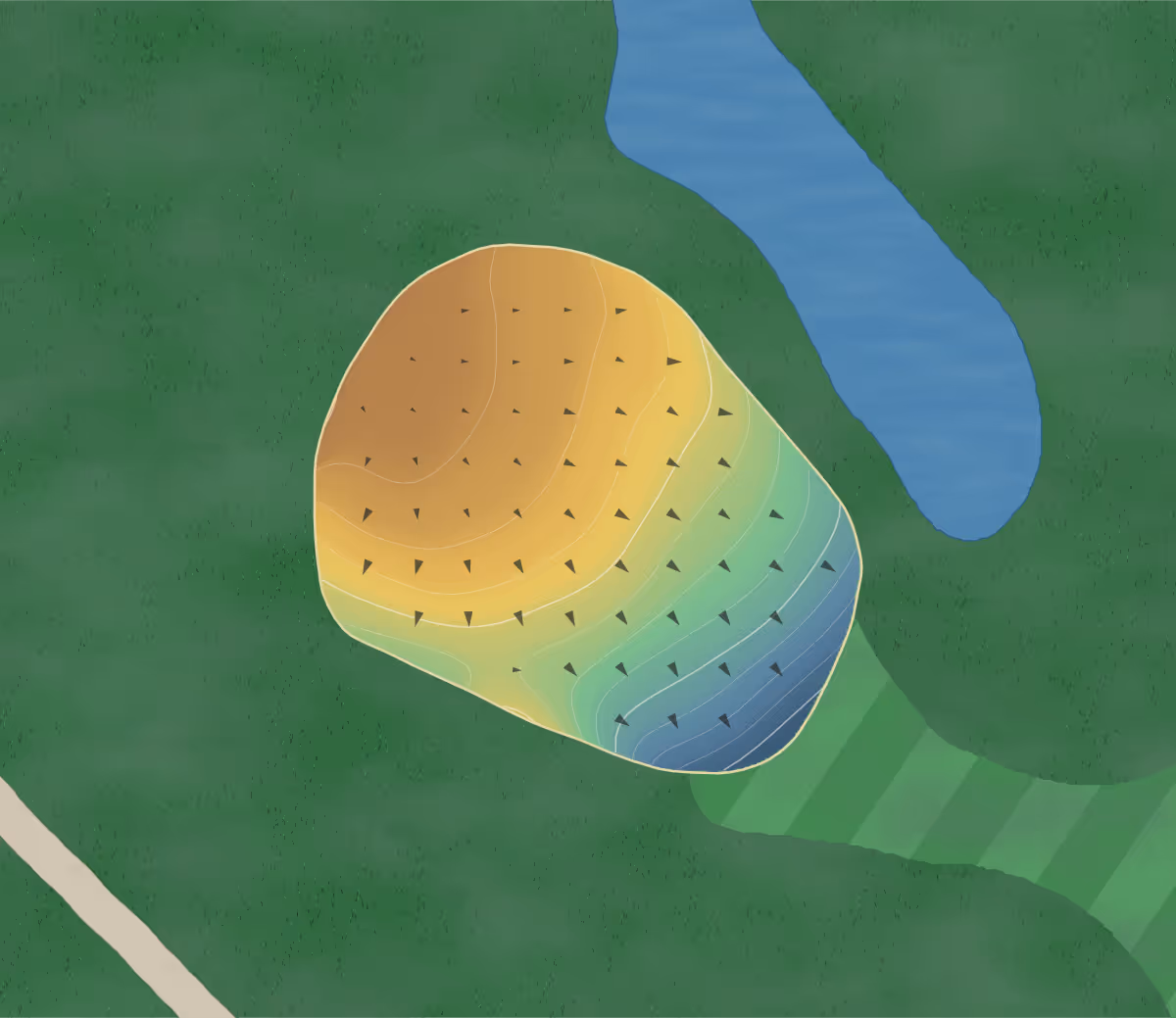 Green contour map of Dundee in Dundee, Canada — 13 elevation contours at a 8-centimeter interval with fall-line arrows, traced from 1-meter lidar