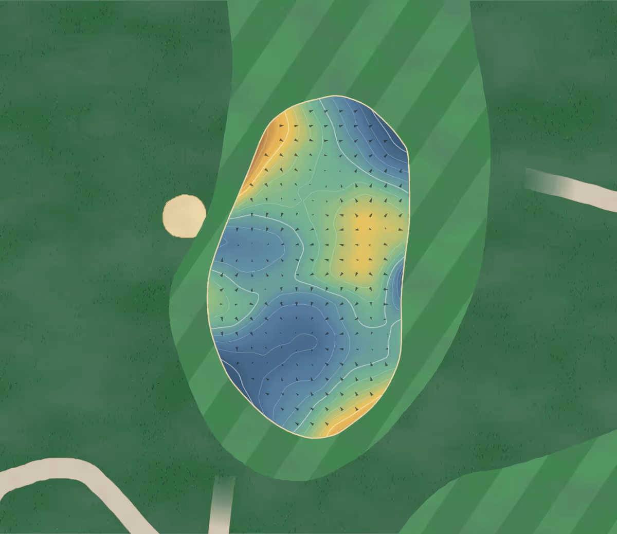 Green contour map of Dundonald Links in Alexandria, Scotland: 227 elevation contours at a 8-centimeter interval with fall-line arrows, traced from 1-meter lidar