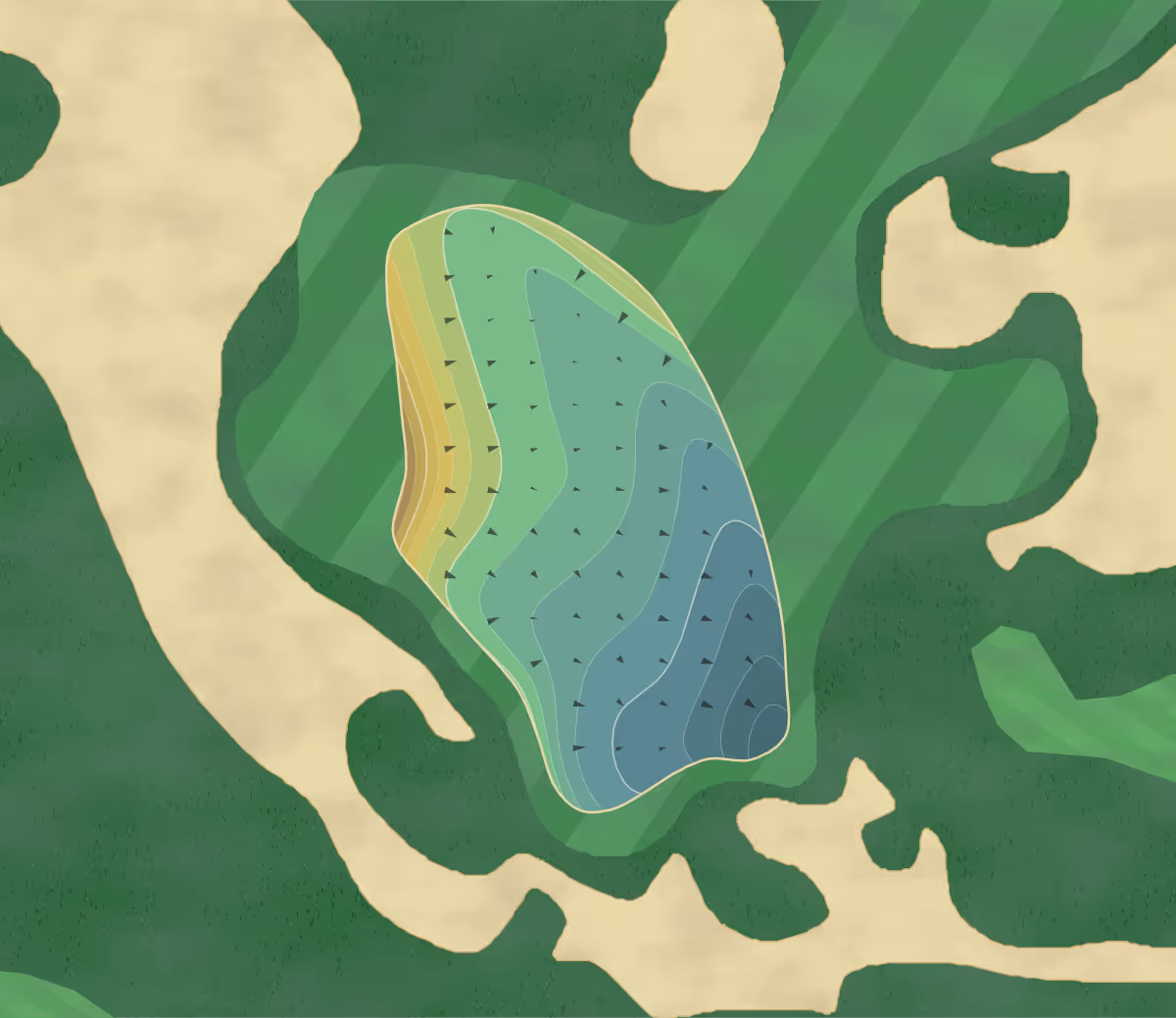 Green contour map of Dunes Club in Bridgman, Michigan — 120 elevation contours at a 3-inch interval with fall-line arrows, traced from 1-meter lidar
