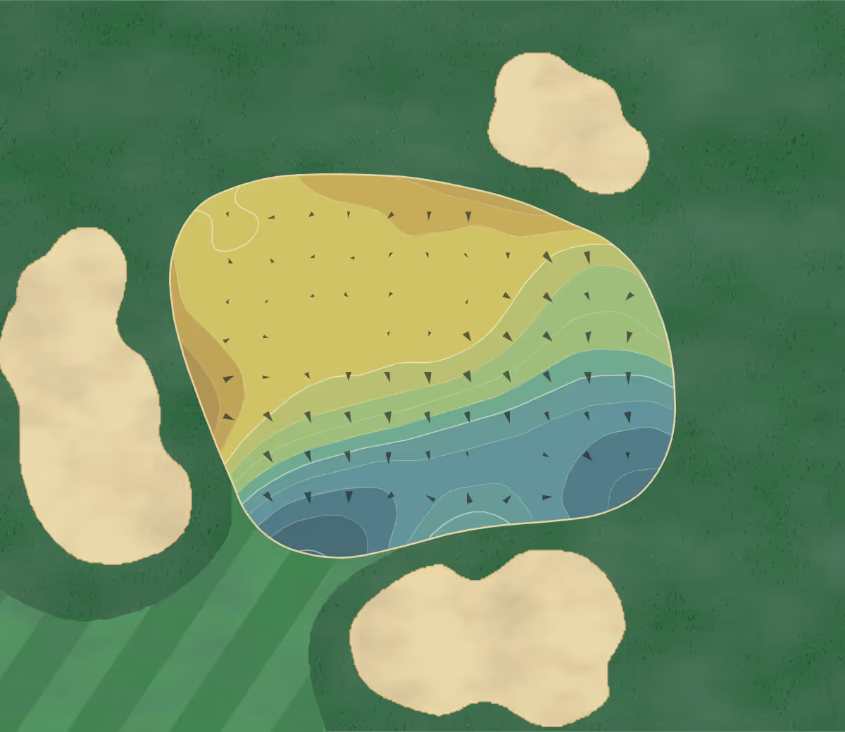 Green contour map of The Dunes Club in Myrtle Beach, South Carolina — 221 elevation contours at a 3-inch interval with fall-line arrows, traced from 1-meter lidar