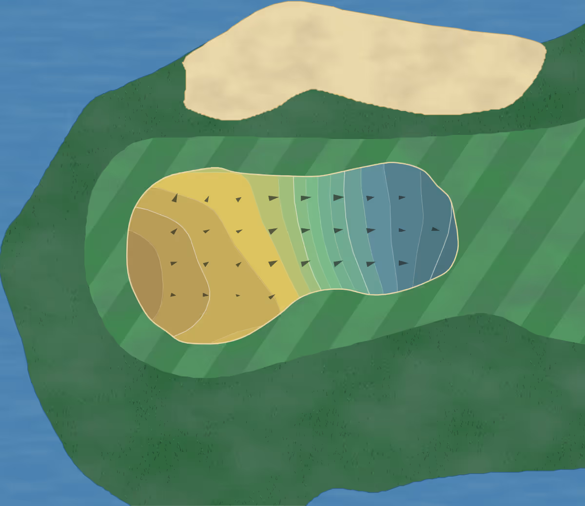 Green contour map of Dunes Island in Sanibel Island, Florida — 169 elevation contours at a 3-inch interval with fall-line arrows, traced from 1-meter lidar
