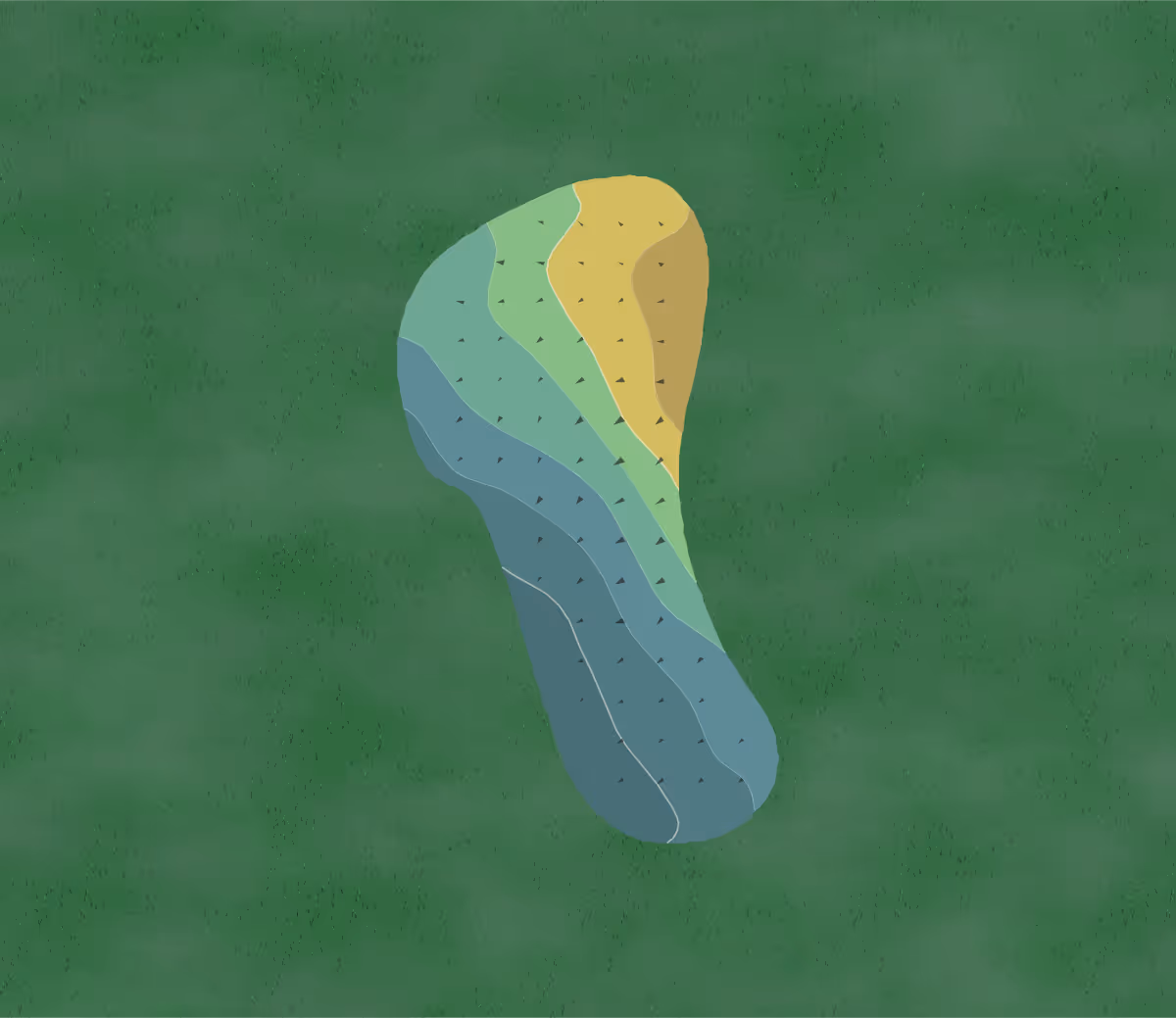 Green contour map of Dunes West in Mt. Pleasant, South Carolina — 7 elevation contours at a 3-inch interval with fall-line arrows, traced from 1-meter lidar