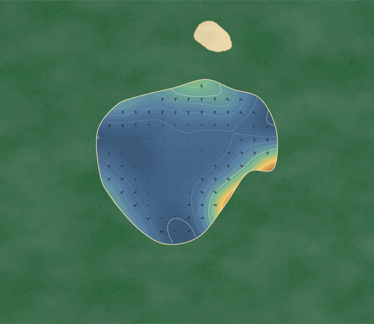 Green contour map of Dunfanaghy Golf Club in Letterkenny, Ireland — 114 elevation contours at a 8-centimeter interval with fall-line arrows, traced from 1-meter lidar