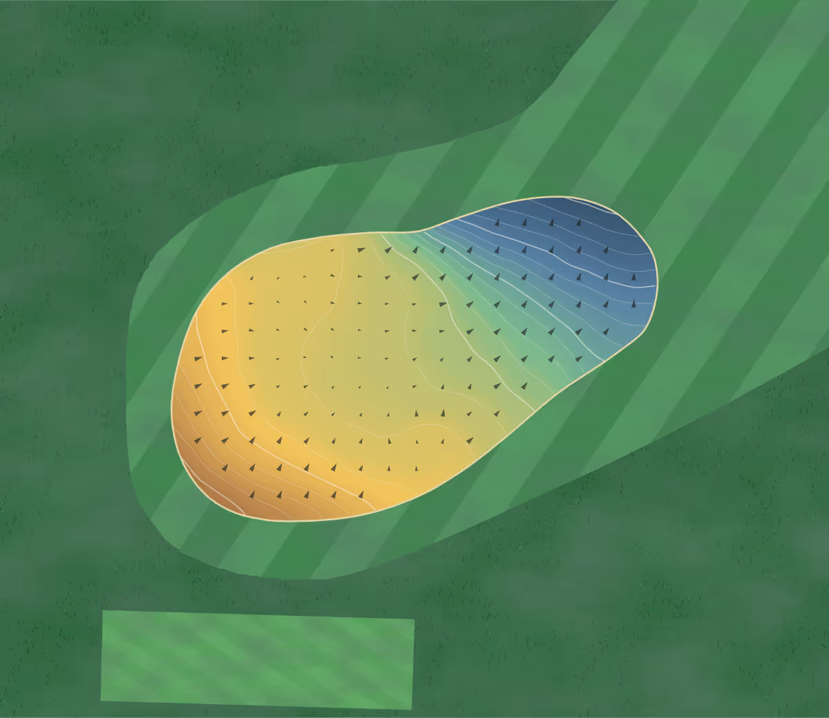Green contour map of Dunnikier Park in Kirckaldy, Scotland: 179 elevation contours at a 8-centimeter interval with fall-line arrows, traced from 1-meter lidar