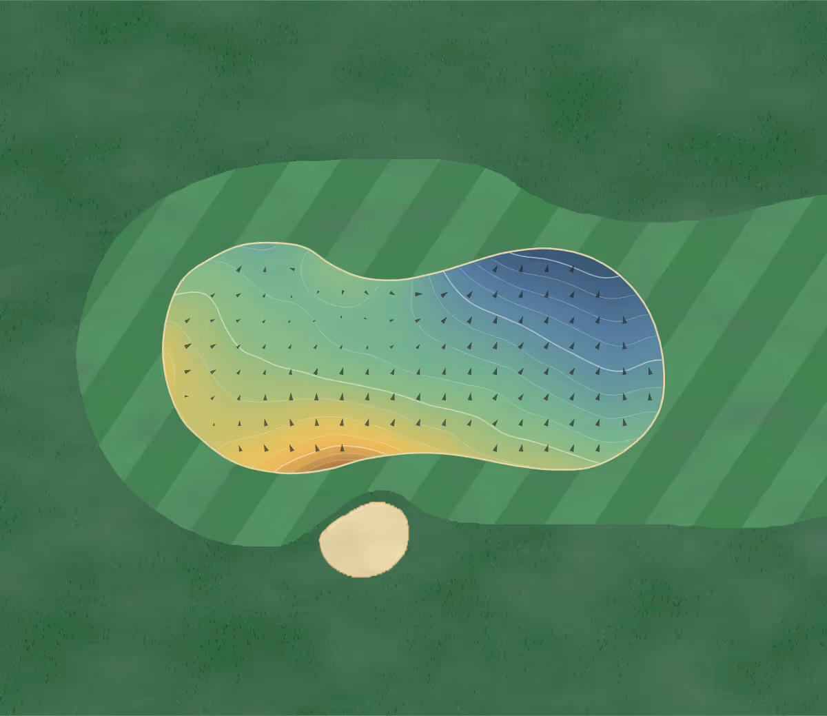 Green contour map of Dunnikier Park in Kirckaldy, Scotland — 196 elevation contours at a 8-centimeter interval with fall-line arrows, traced from 1-meter lidar