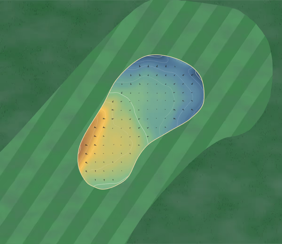 Green contour map of Duns in Scottish Borders, Scotland: 54 elevation contours at a 8-centimeter interval with fall-line arrows, traced from 1-meter lidar