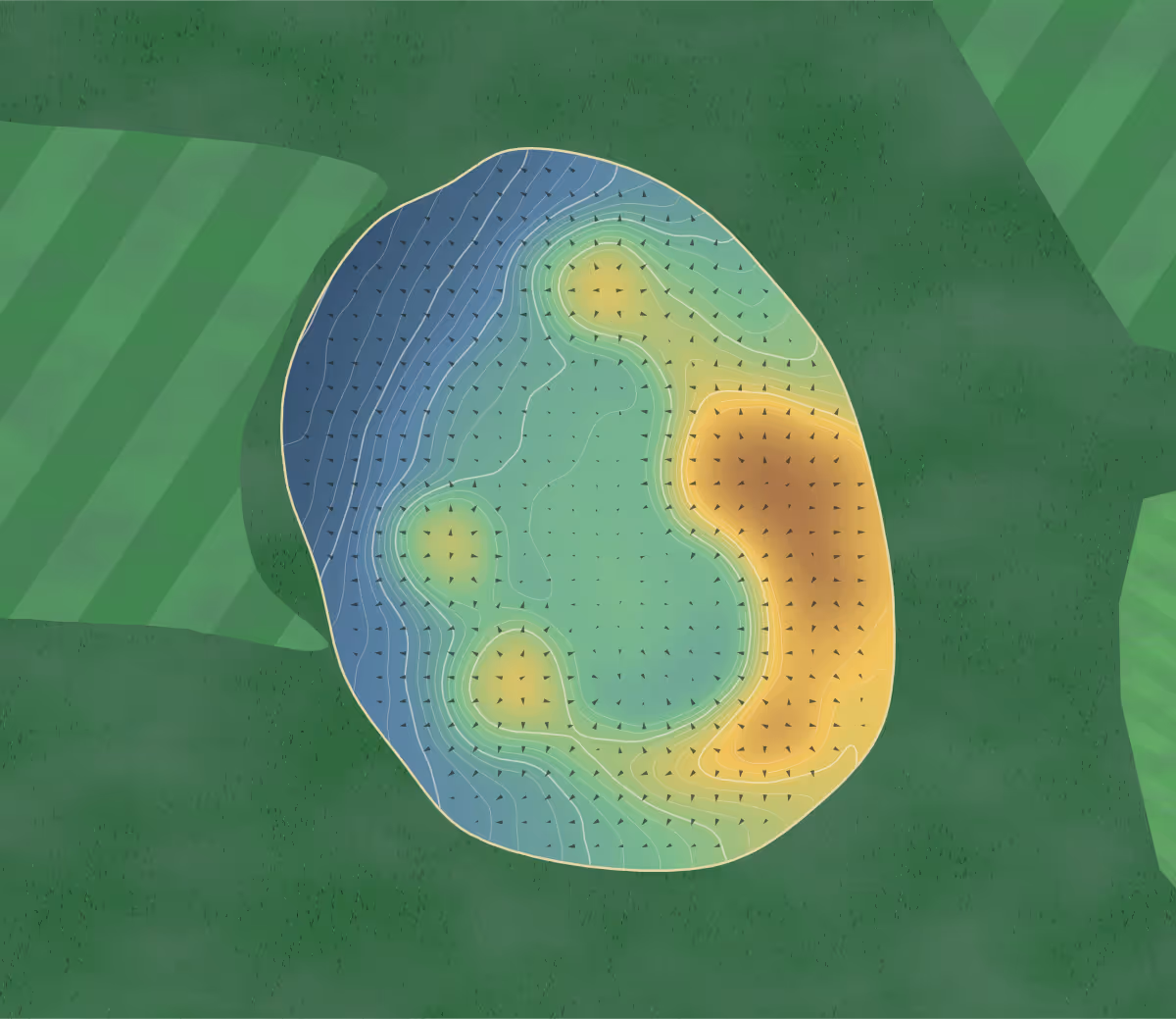 Green contour map of Dunton Hills in Brentwood, England: 190 elevation contours at a 8-centimeter interval with fall-line arrows, traced from 1-meter lidar