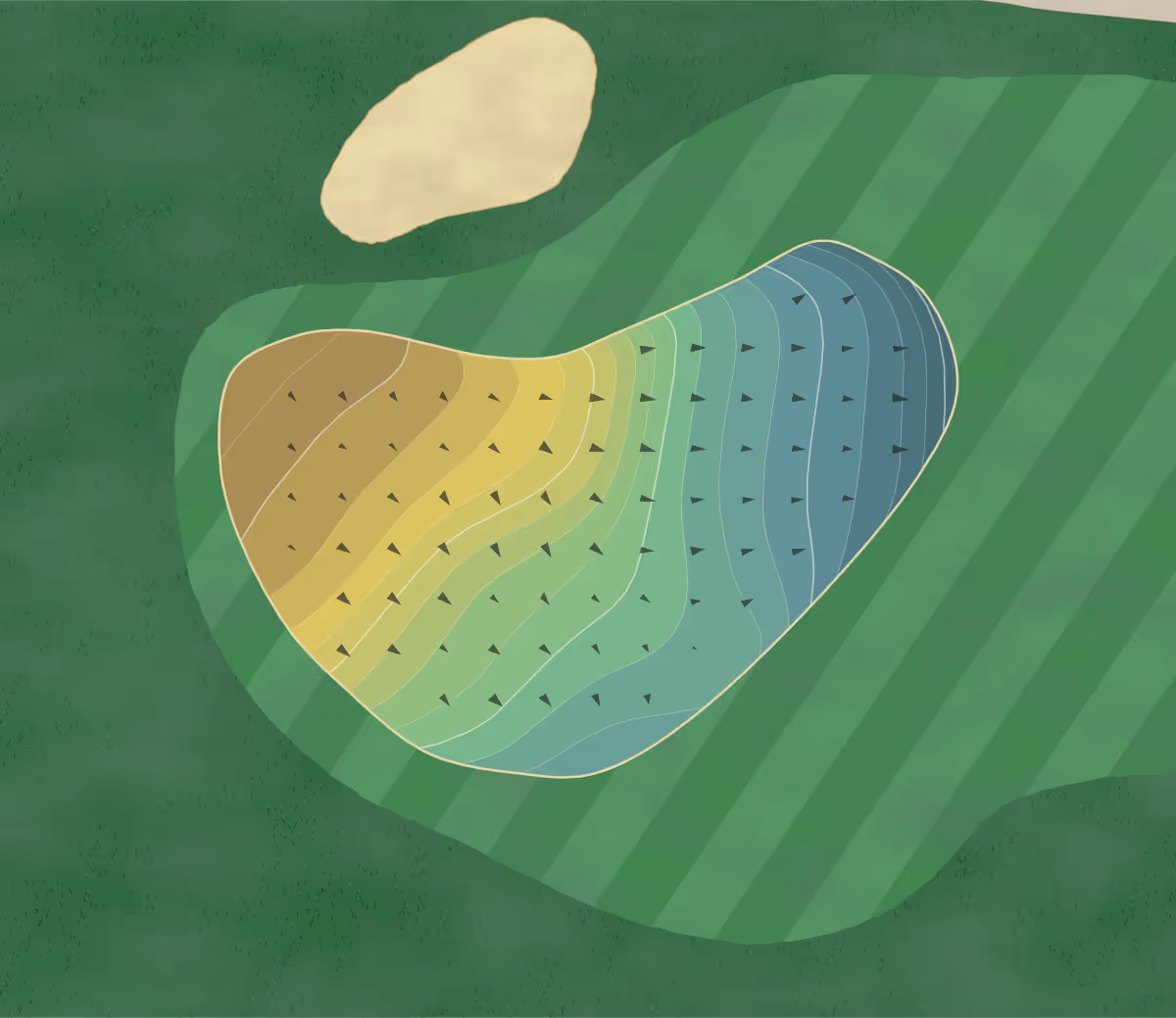 Green contour map of Dunwoody CC in Dunwoody, Georgia — 250 elevation contours at a 3-inch interval with fall-line arrows, traced from 1-meter lidar