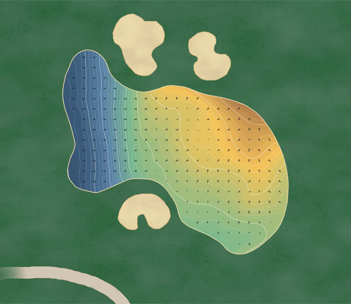 Green contour map of DuPont Championship in Wilmington, Delaware — 228 elevation contours at a 3-inch interval with fall-line arrows, traced from 1-meter lidar