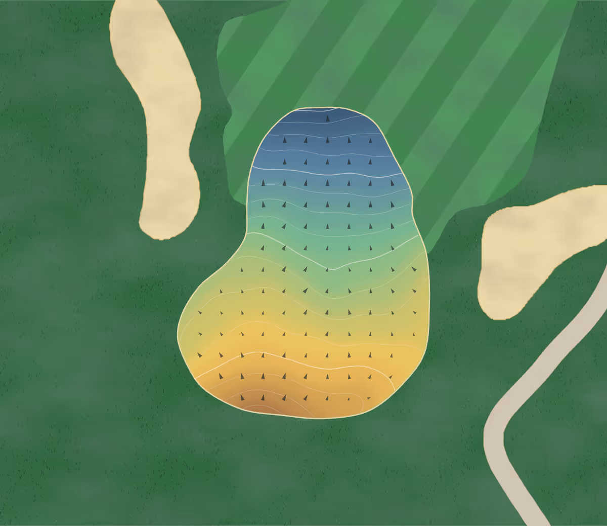 Green contour map of Dwan Gc in Bloomington, Minnesota — 185 elevation contours at a 3-inch interval with fall-line arrows, traced from 1-meter lidar