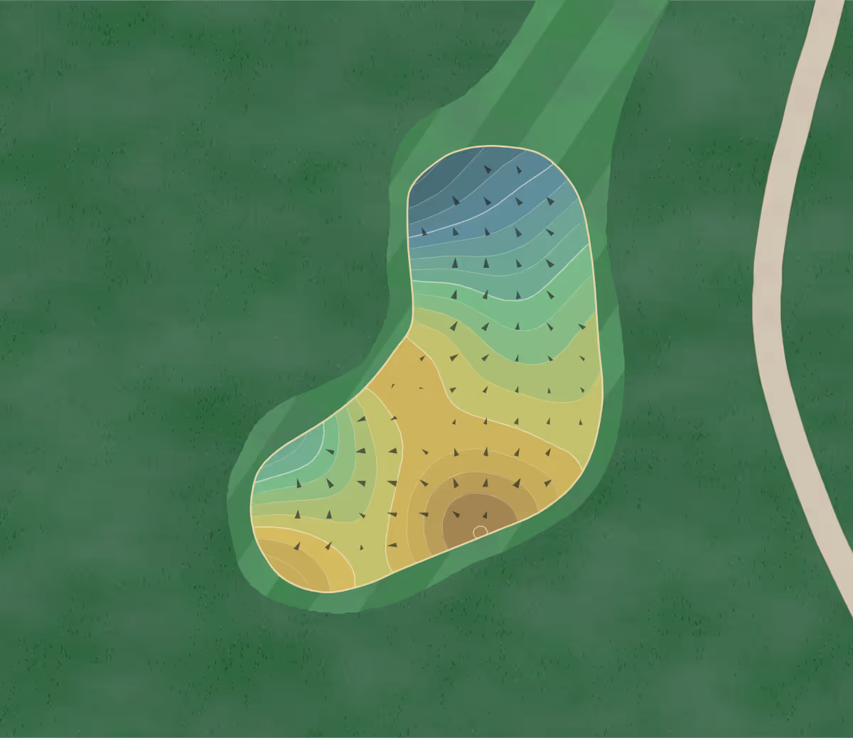 Green contour map of Dye's in Greenwood, Indiana — 224 elevation contours at a 3-inch interval with fall-line arrows, traced from 1-meter lidar